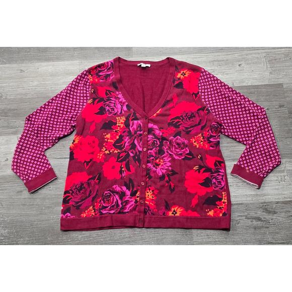 Isaac Mizrahi Live! Red Purple Floral Print V Neck Long Button Cardigan Sweater - Picture 9 of 9